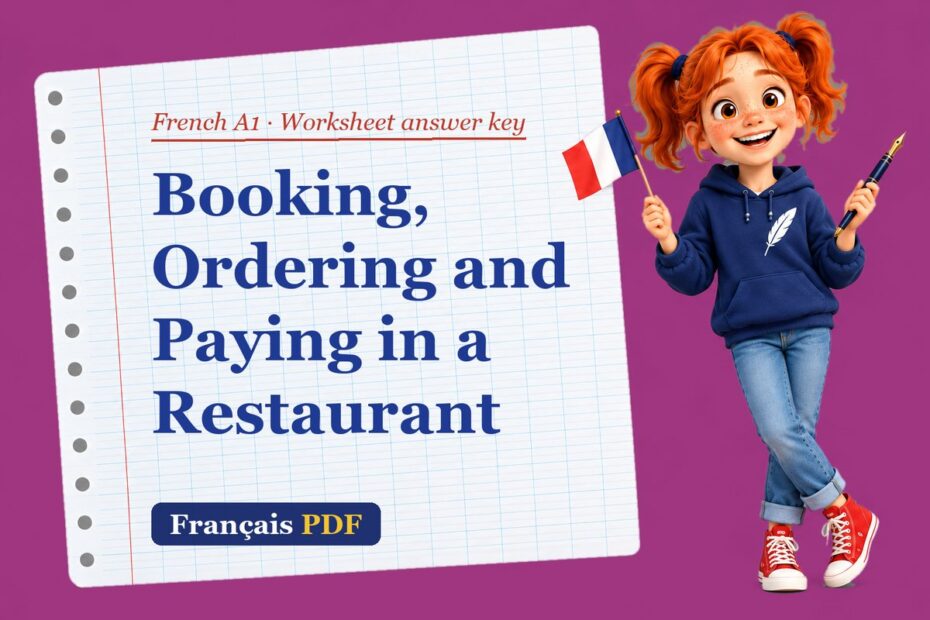 Booking, Ordering and Paying in a Restaurant – French A1 worksheet answer key with Zoé, the Français PDF coach