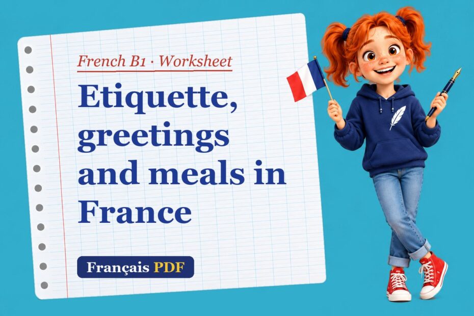 Etiquette, greetings and meals in France – French B1 worksheet with Zoé, the Français PDF coach