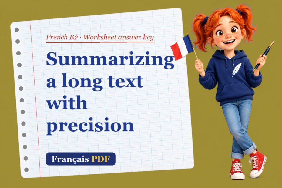 Summarizing a long text with precision – French B2 worksheet answer key with Zoé, the Français PDF coach