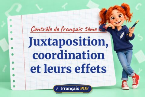 Juxtaposition, coordination et leurs effets : contrôle de français 5ème n°9, illustration Français PDF