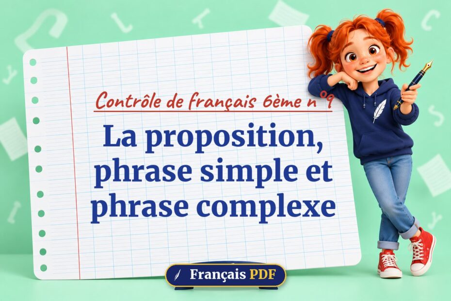 La proposition, phrase simple et phrase complexe : contrôle de français 6ème n°9, illustration Français PDF