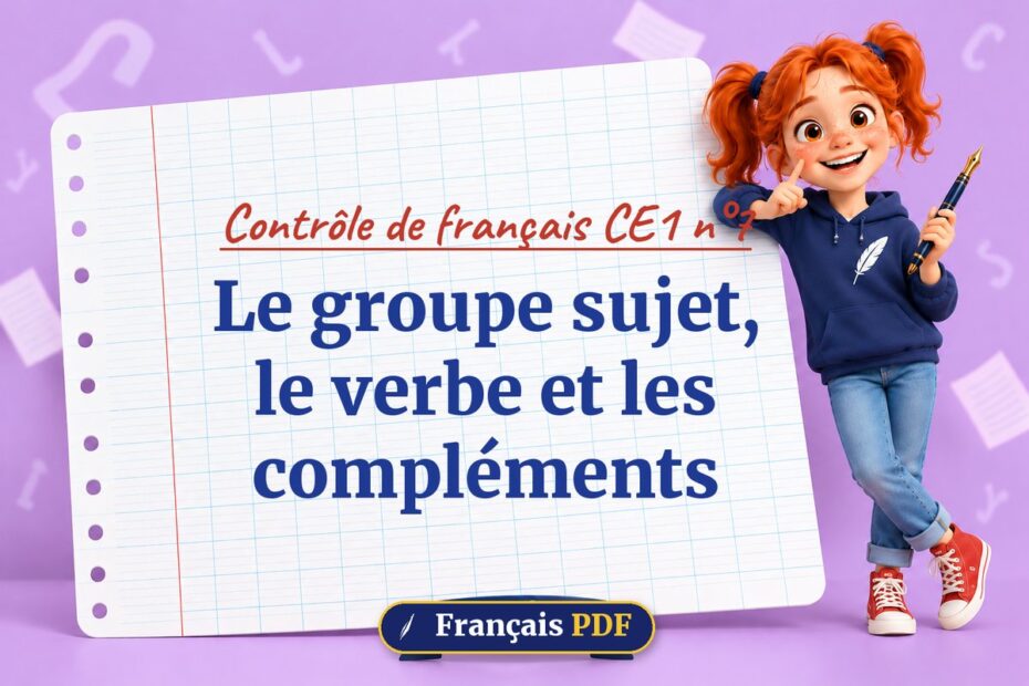 Le groupe sujet, le verbe et les compléments : contrôle de français ce1 n°7, illustration Français PDF