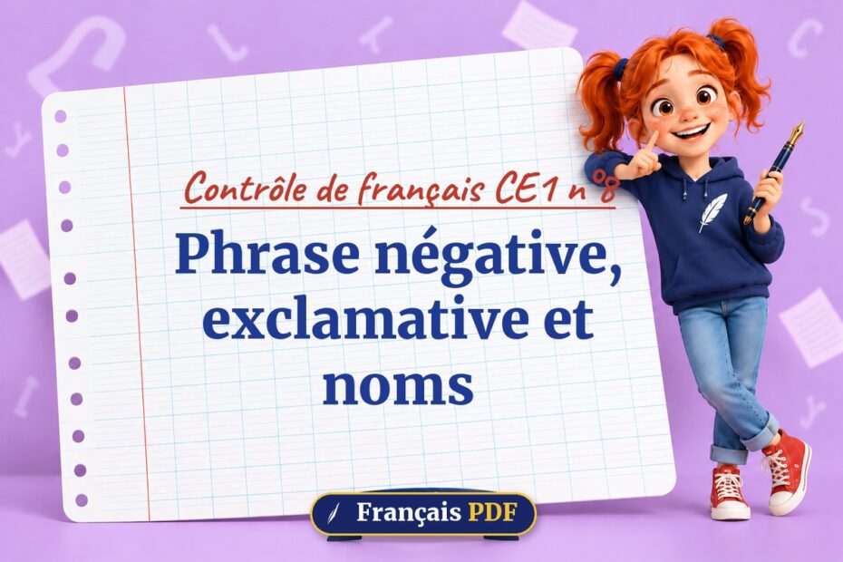 Phrase négative, exclamative et noms : contrôle de français ce1 n°8, illustration Français PDF