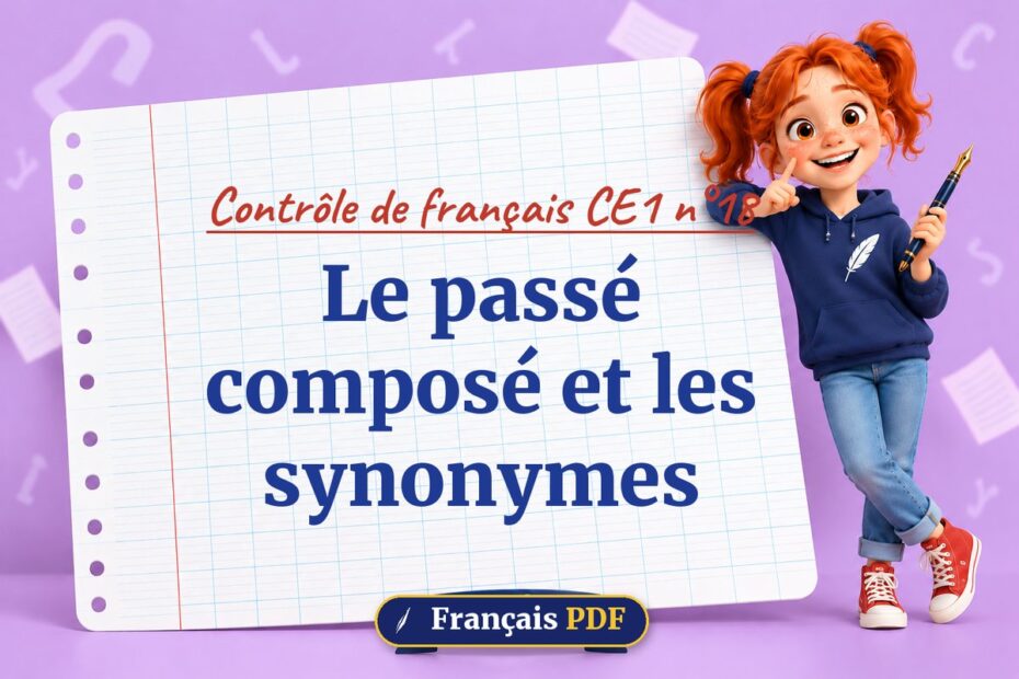 Le passé composé et les synonymes : contrôle de français ce1 n°18, illustration Français PDF