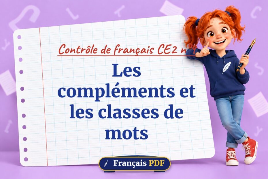 Les compléments et les classes de mots : contrôle de français ce2 n°9, illustration Français PDF