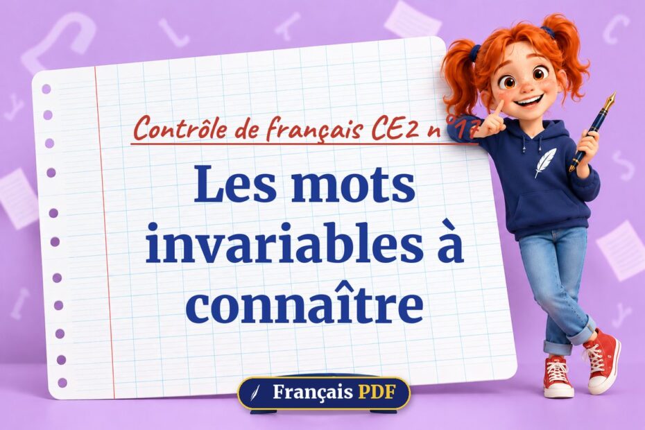 Les mots invariables à connaître : contrôle de français ce2 n°17, illustration Français PDF