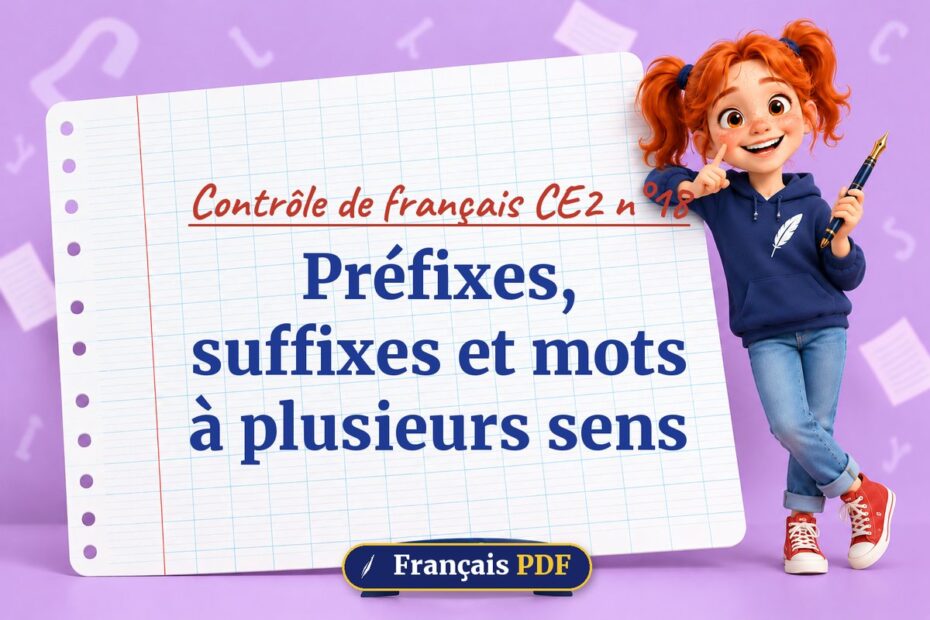 Préfixes, suffixes et mots à plusieurs sens : contrôle de français ce2 n°18, illustration Français PDF