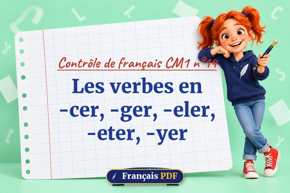 Les verbes en -cer, -ger, -eler, -eter, -yer : contrôle de français cm1 n°14, illustration Français PDF
