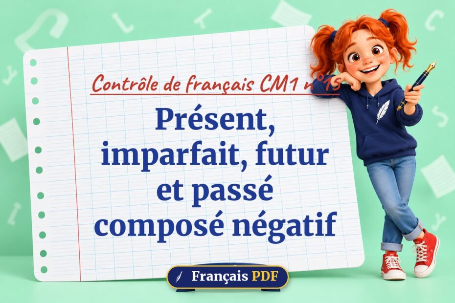 Présent, imparfait, futur et passé composé négatif : contrôle de français cm1 n°15, illustration Français PDF