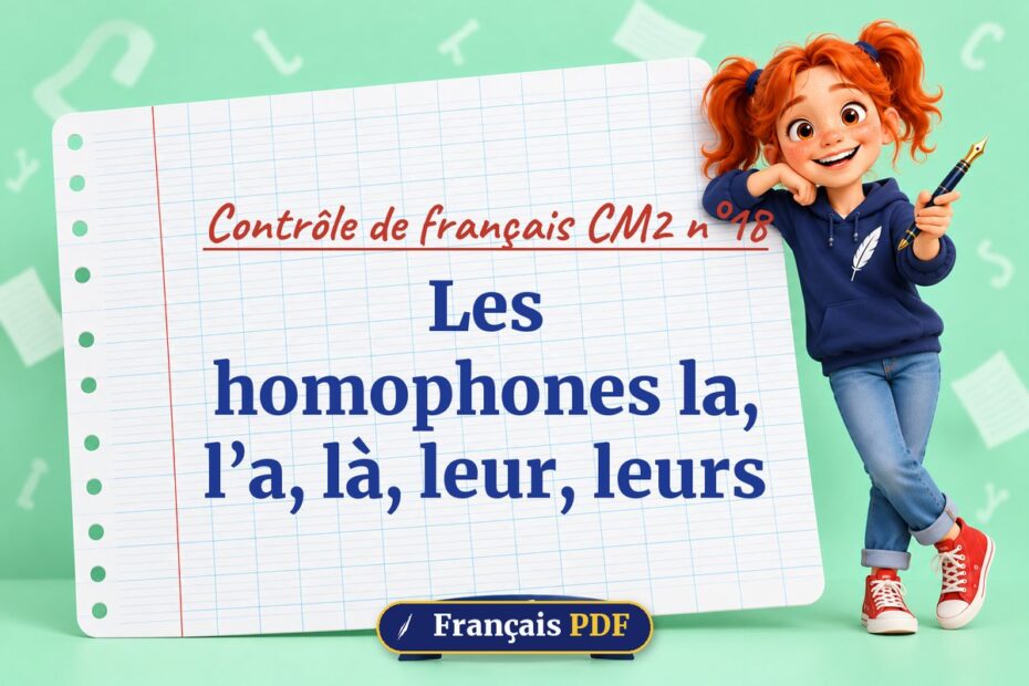 Les homophones la, l’a, là, leur, leurs : contrôle de français cm2 n°18, illustration Français PDF