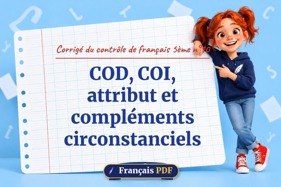 COD, COI, attribut et compléments circonstanciels : corrigé du contrôle de français 5ème n°10, illustration Français PDF