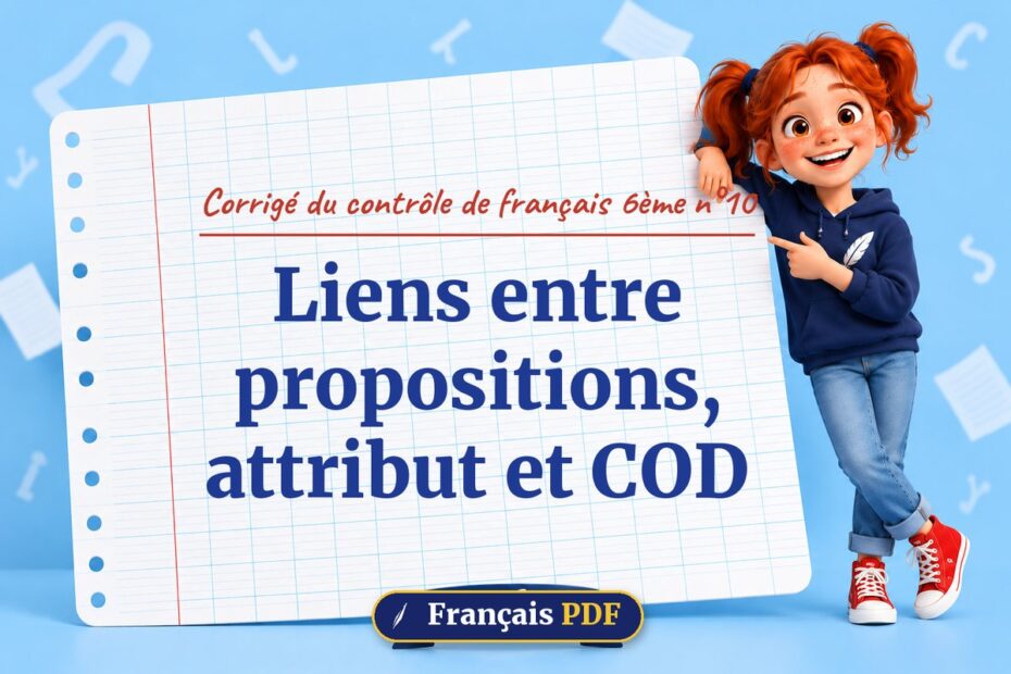 Liens entre propositions, attribut et COD : corrigé du contrôle de français 6ème n°10, illustration Français PDF
