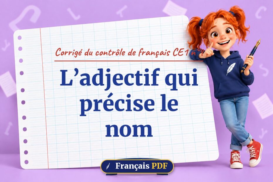L’adjectif qui précise le nom : corrigé du contrôle de français ce1 n°9, illustration Français PDF