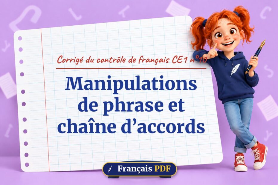 Manipulations de phrase et chaîne d’accords : corrigé du contrôle de français ce1 n°10, illustration Français PDF