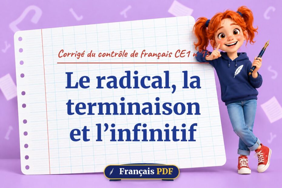 Le radical, la terminaison et l’infinitif : corrigé du contrôle de français ce1 n°15, illustration Français PDF