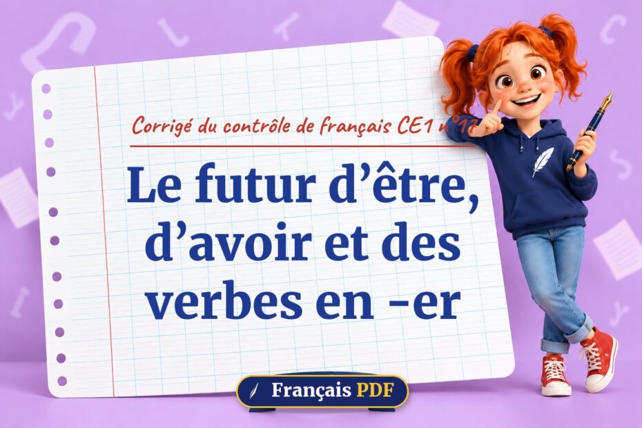 Le futur d’être, d’avoir et des verbes en -er : corrigé du contrôle de français ce1 n°17, illustration Français PDF