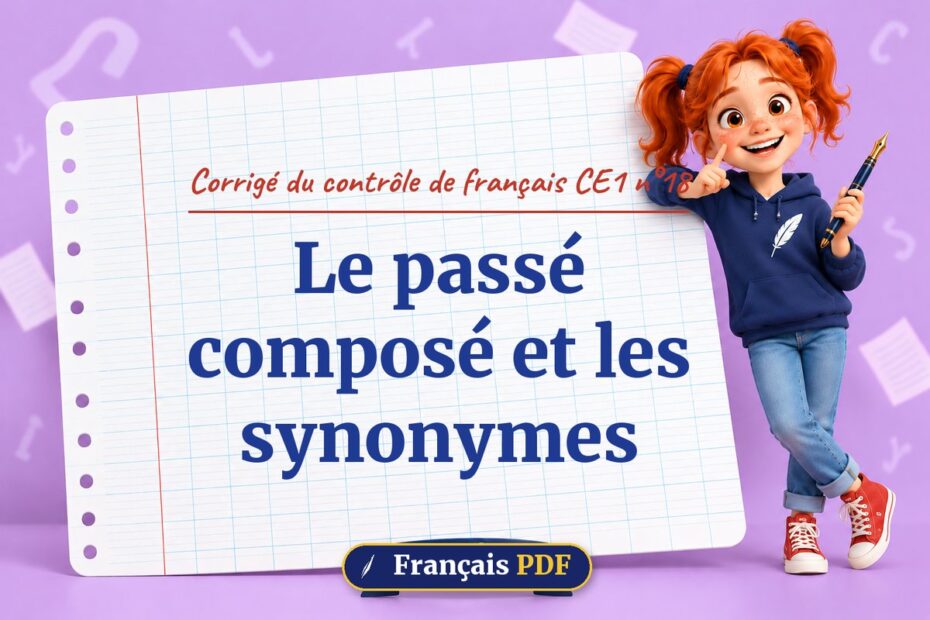 Le passé composé et les synonymes : corrigé du contrôle de français ce1 n°18, illustration Français PDF