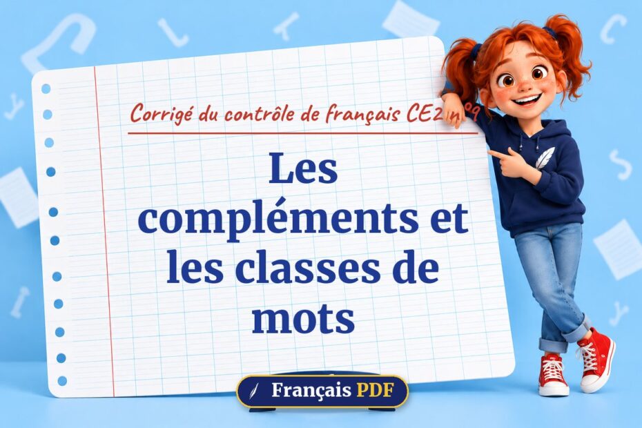 Les compléments et les classes de mots : corrigé du contrôle de français ce2 n°9, illustration Français PDF