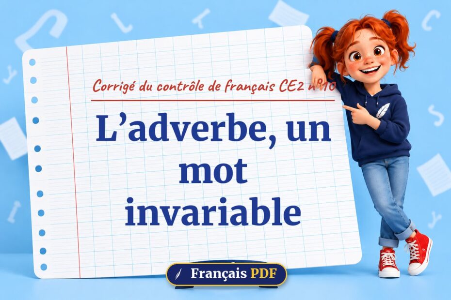 L’adverbe, un mot invariable : corrigé du contrôle de français ce2 n°10, illustration Français PDF