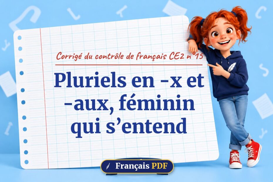Pluriels en -x et -aux, féminin qui s’entend : corrigé du contrôle de français ce2 n°15, illustration Français PDF