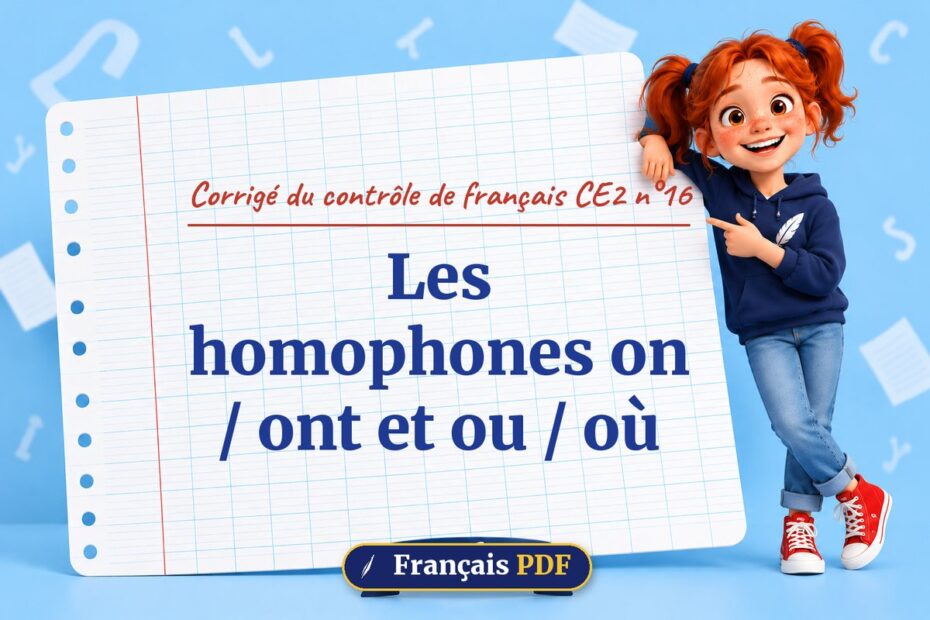 Les homophones on / ont et ou / où : corrigé du contrôle de français ce2 n°16, illustration Français PDF
