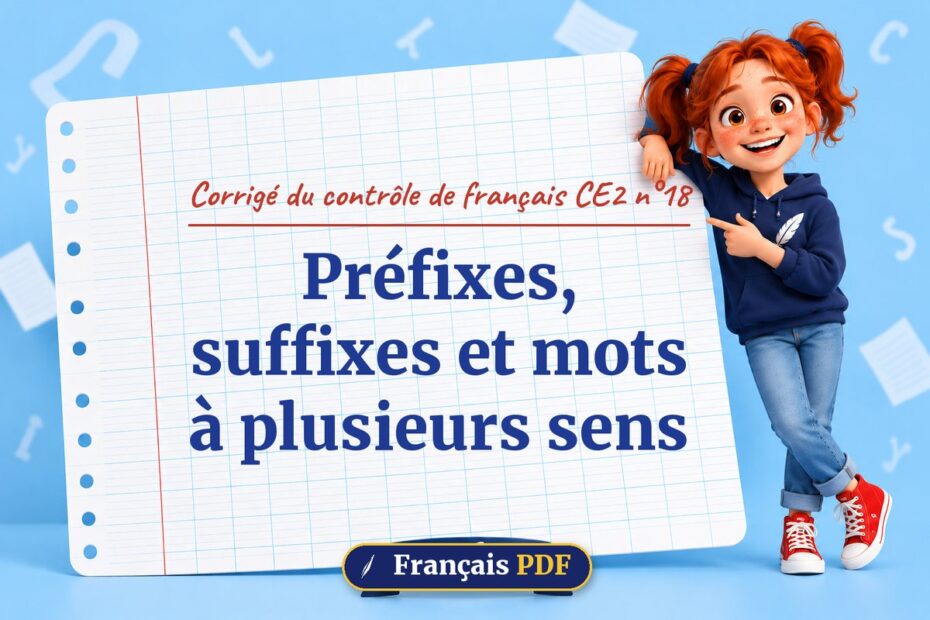 Préfixes, suffixes et mots à plusieurs sens : corrigé du contrôle de français ce2 n°18, illustration Français PDF