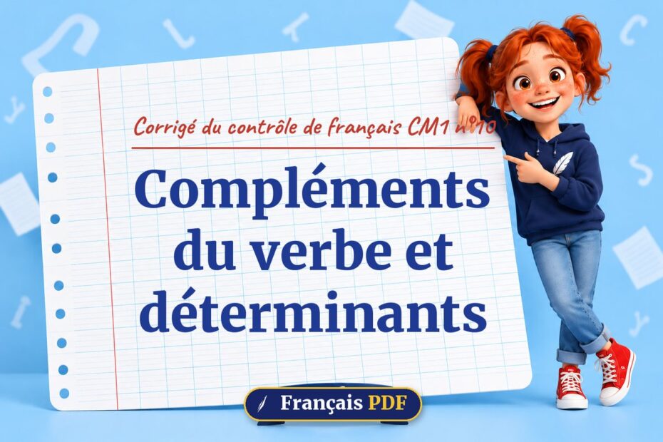Compléments du verbe et déterminants : corrigé du contrôle de français cm1 n°10, illustration Français PDF
