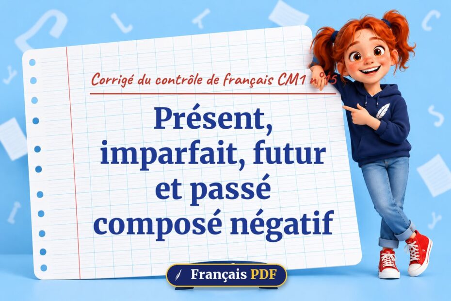 Présent, imparfait, futur et passé composé négatif : corrigé du contrôle de français cm1 n°15, illustration Français PDF