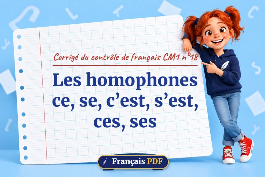 Les homophones ce, se, c’est, s’est, ces, ses : corrigé du contrôle de français cm1 n°18, illustration Français PDF