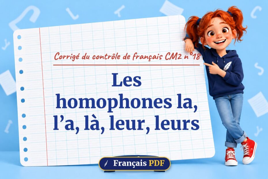 Les homophones la, l’a, là, leur, leurs : corrigé du contrôle de français cm2 n°18, illustration Français PDF
