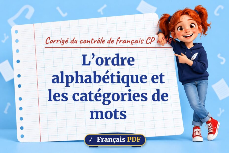 L’ordre alphabétique et les catégories de mots : corrigé du contrôle de français cp n°18, illustration Français PDF