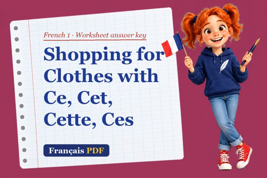 Shopping for Clothes with Ce, Cet, Cette, Ces – French 1 worksheet answer key with Zoé, the Français PDF coach