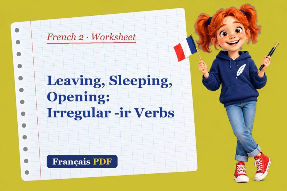 Leaving, Sleeping, Opening: Irregular -ir Verbs – French 2 worksheet with Zoé, the Français PDF coach