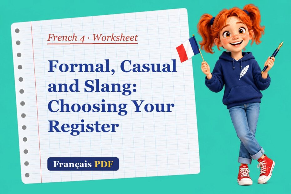 Formal, Casual and Slang: Choosing Your Register – French 4 worksheet with Zoé, the Français PDF coach