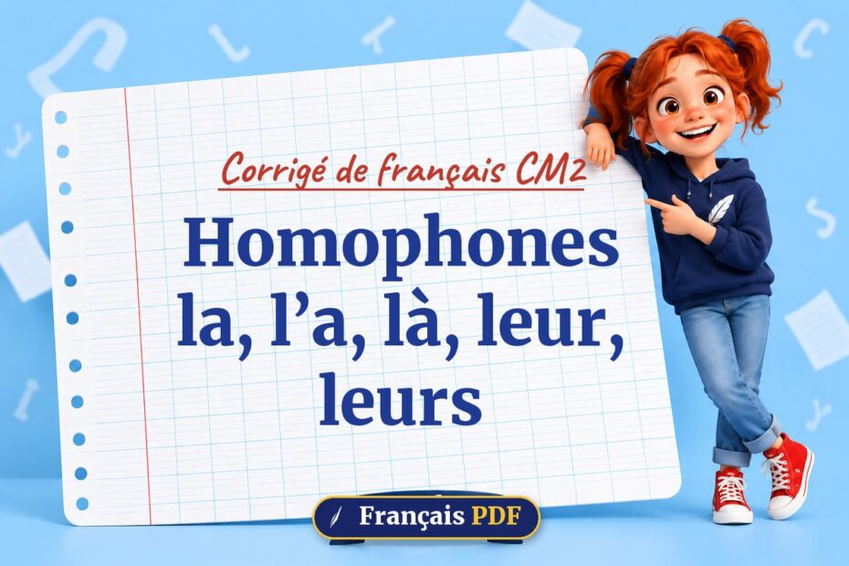 Homophones la, l’a, là, leur, leurs : corrigé de français cm2, illustration Français PDF