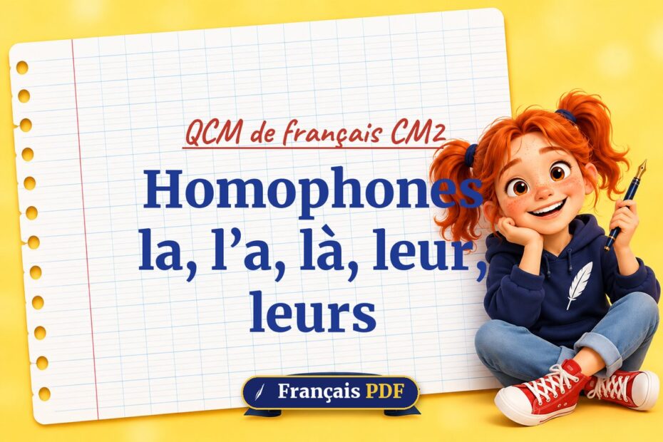Homophones la, l’a, là, leur, leurs : QCM de français cm2, illustration Français PDF