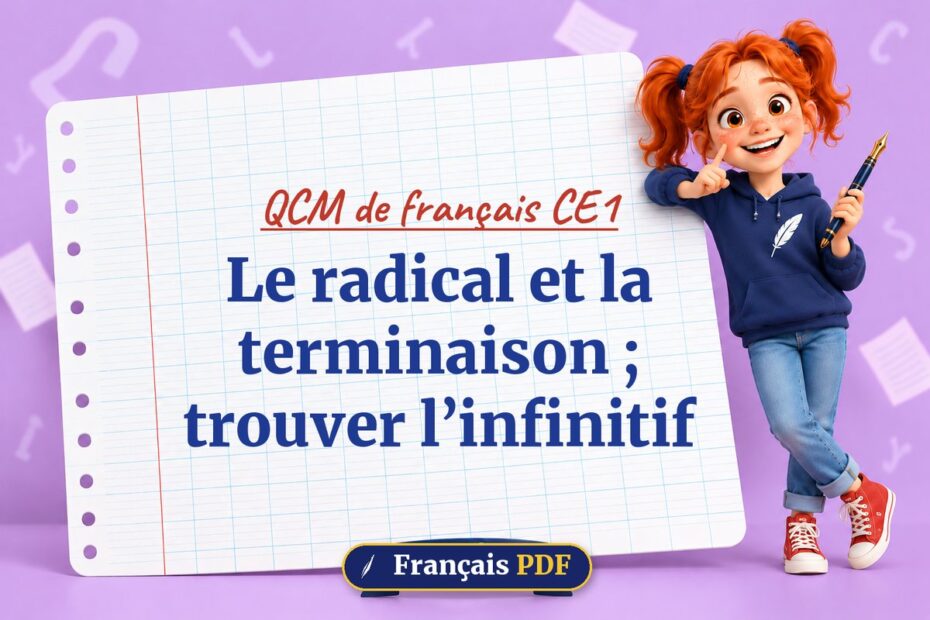 Le radical et la terminaison ; trouver l’infinitif : QCM de français ce1, illustration Français PDF