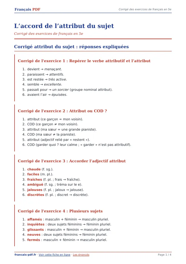 Corrigé « L’accord de l’attribut du sujet » en PDF