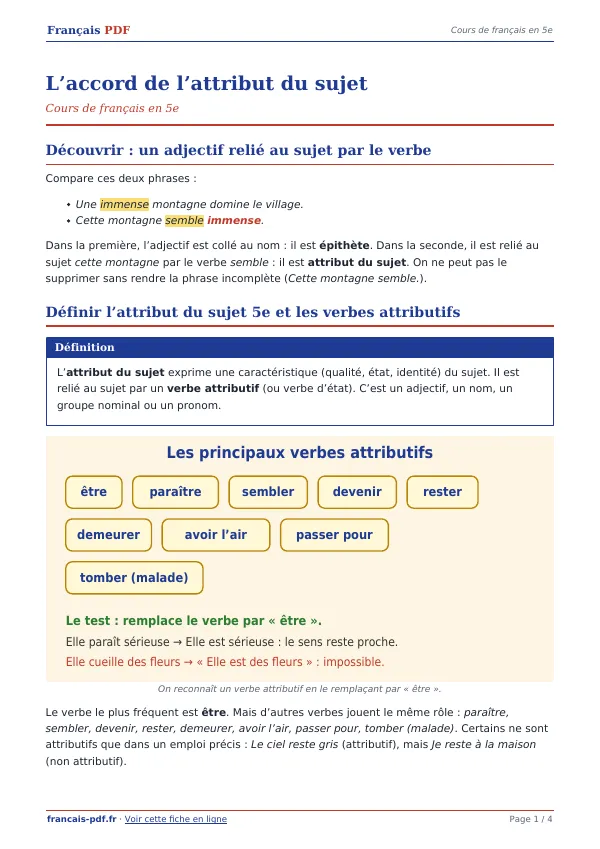 Cours « L’accord de l’attribut du sujet » en PDF