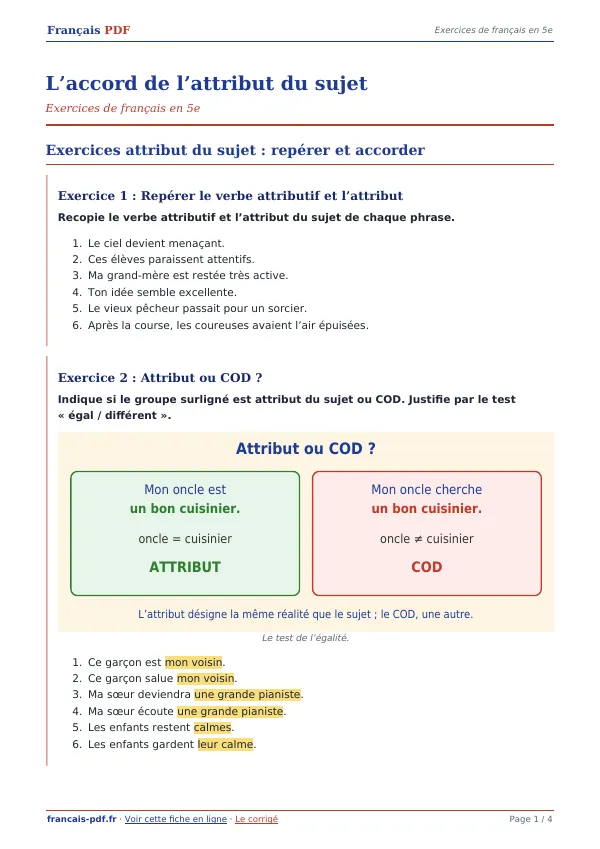 Exercices « L’accord de l’attribut du sujet » en PDF