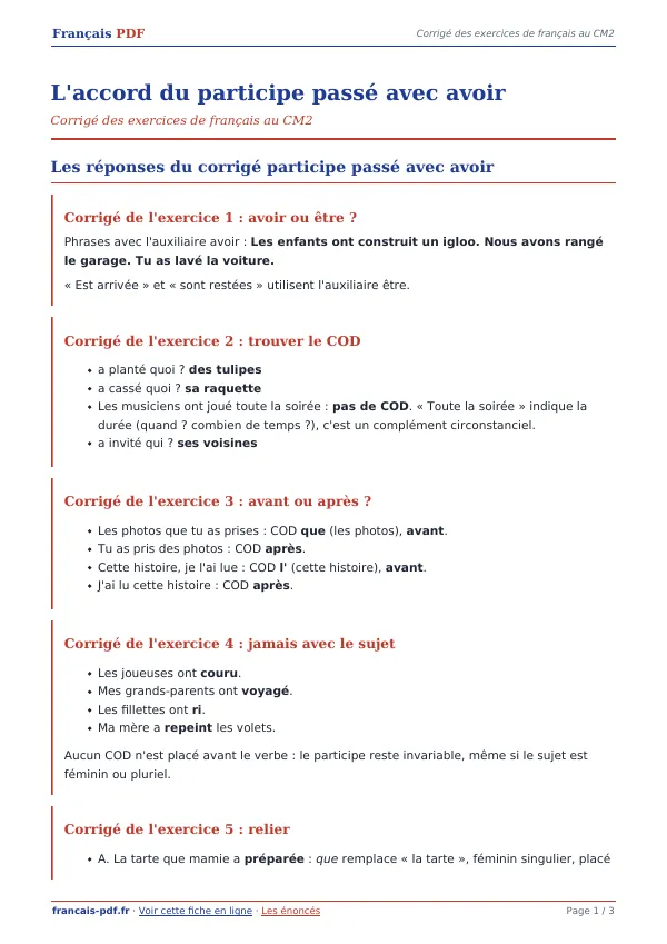 Corrigé « L’accord du participe passé avec avoir » en PDF