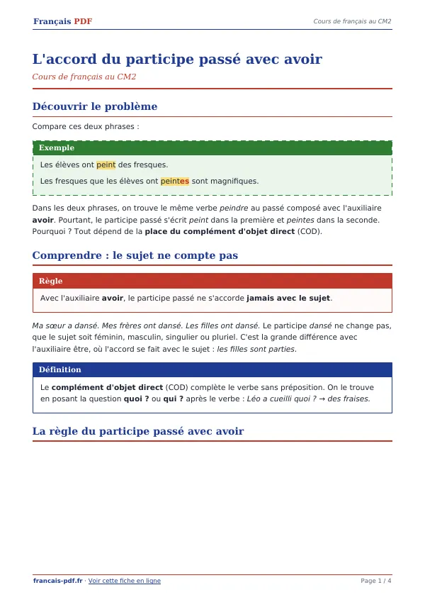 Cours « L’accord du participe passé avec avoir » en PDF