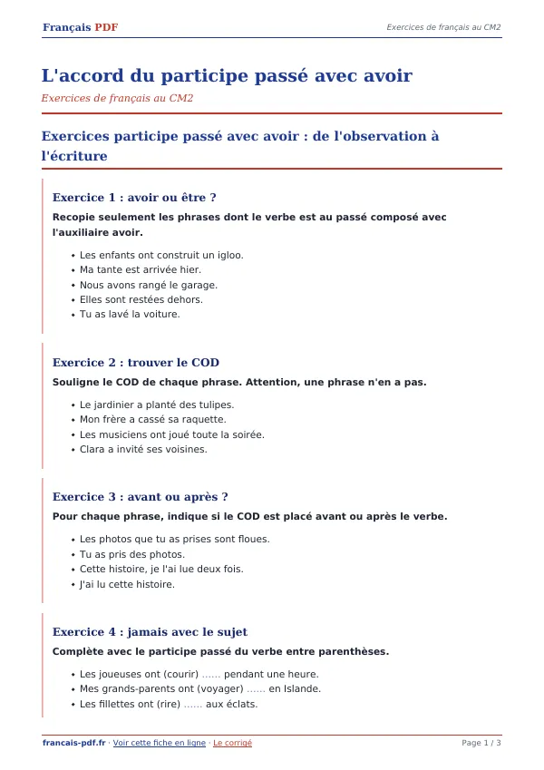 Exercices « L’accord du participe passé avec avoir » en PDF