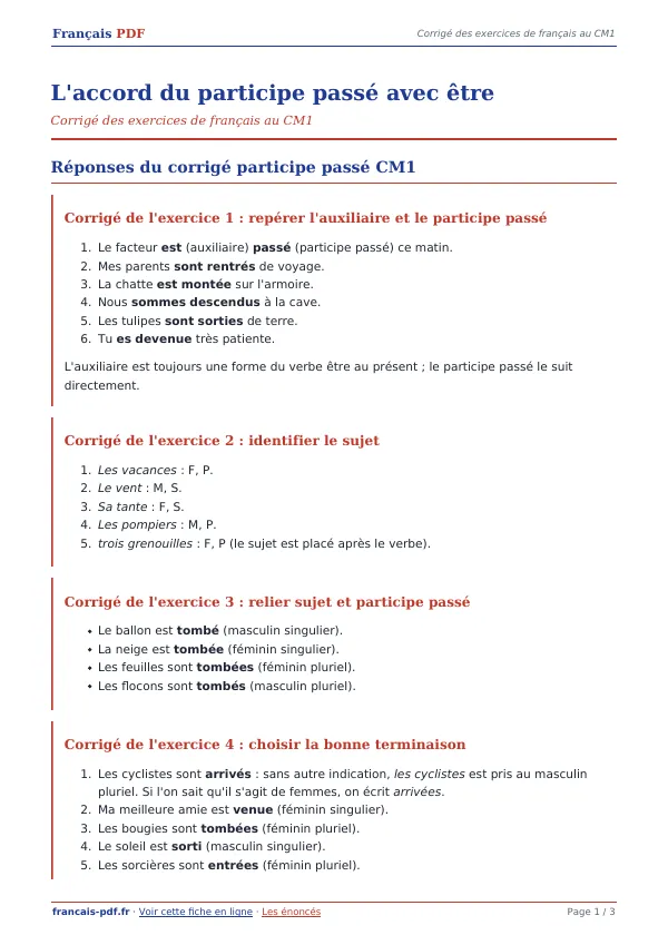 Corrigé « L’accord du participe passé avec être » en PDF
