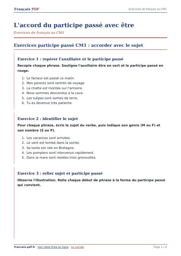 Exercices « L’accord du participe passé avec être » en PDF