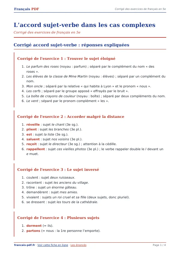 Corrigé « L’accord sujet-verbe dans les cas complexes » en PDF