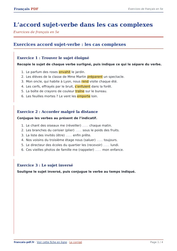 Exercices « L’accord sujet-verbe dans les cas complexes » en PDF