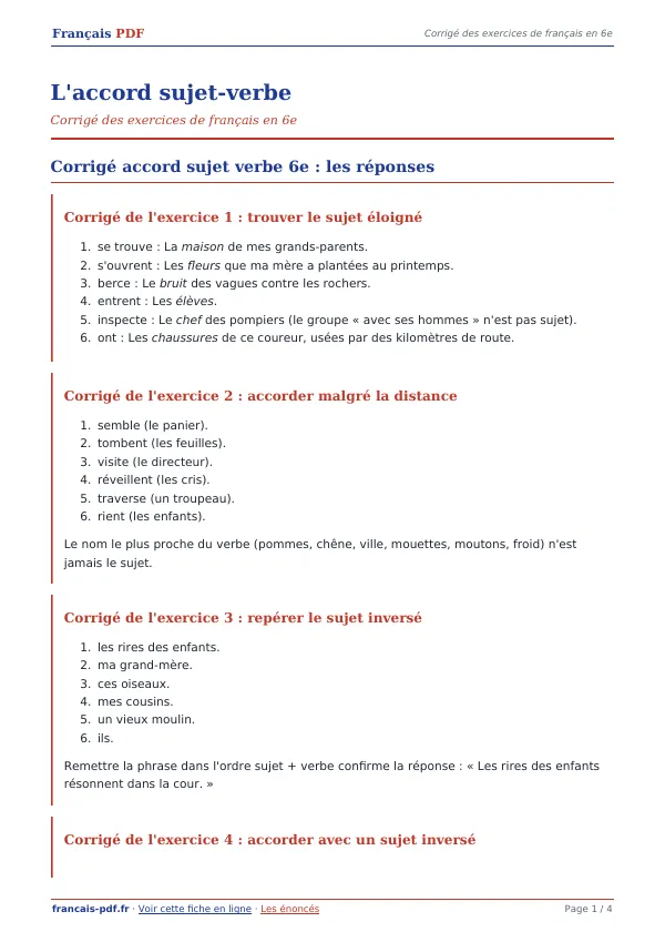 Corrigé « L’accord sujet-verbe » en PDF