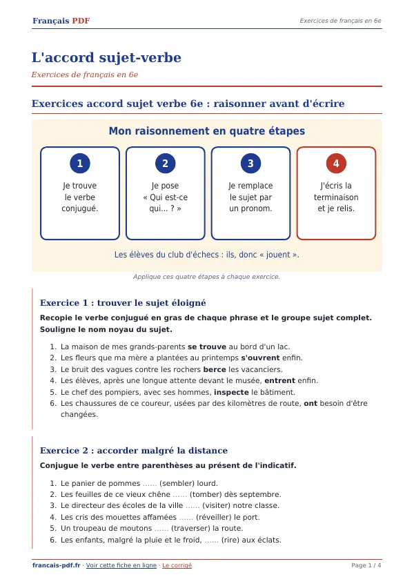 Exercices « L’accord sujet-verbe » en PDF