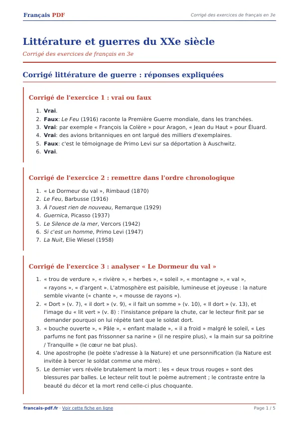 Corrigé « Littérature et guerres du XXe siècle » en PDF